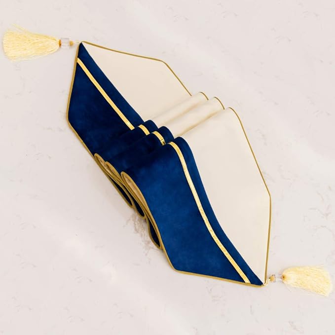 Avigers 12 x 59 Inch Decorative Luxury Navy Blue White Gold Leather Striped Patchwork Velvet Table Runners with Tassels for Home Living Room Bedroom Art Decor Wedding