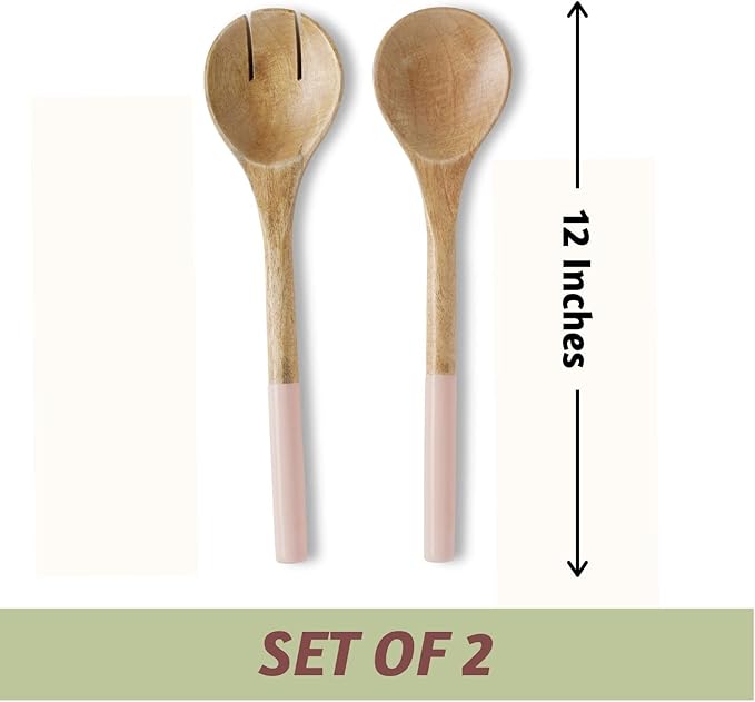 Folkulture Salad Servers or Salad Tongs, Wooden Utensils for Serving Salad, Salad Forks or Salad Tongs for Serving, Salad Sling, 12-inch Spoon and Fork Set, Mango Wood, Pink