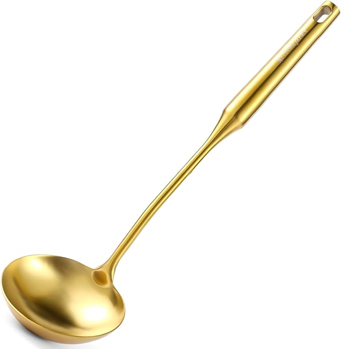 Gold Soup Ladle - Stainless Steel Ladle Spoon, 13.8"Large Soup Spoons [Integral Forming, Heat Resistance] Kitchen Metal Ladel for Cooking, Serving, Stirring, Canning竊똕auce, Wok & Soup, Christmas Gifts