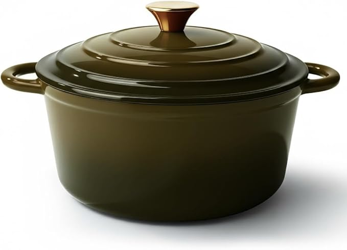 Vintage Style 4.5 Quart Dutch Oven Pot with Lid, Non Stick Enameled Cast Iron Dutch Oven for Bread Baking, Heavy-Duty, Oven Safe Ceramic Cookware Up to 500째F for Baking, Braising, Stews, Roasting, Golden Green