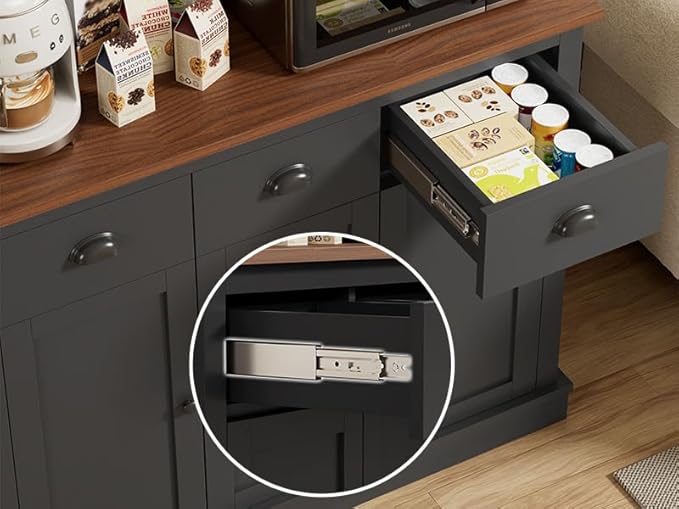 71" Kitchen Hutch with Charging Station, Tall Pantry Storage Cabinet with Microwave Stand, Adjustable Shelves, Slide Drawers, Large Buffet Pantry Cabinet for Kitchen, Dining Room, Black