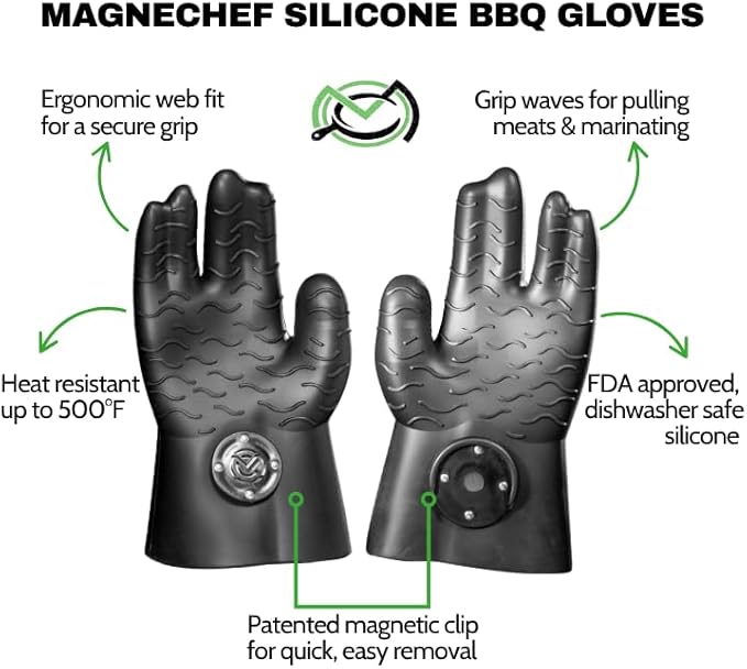 MagneCHEF Magnetic BBQ Grill Gloves ??Heat Resistant, Patented Magnetic Safety Clip Easy On & Off, Firefighter-Designed, Dishwasher-Safe, Waterproof, Perfect for Grilling, Smoking, Frying, Baking