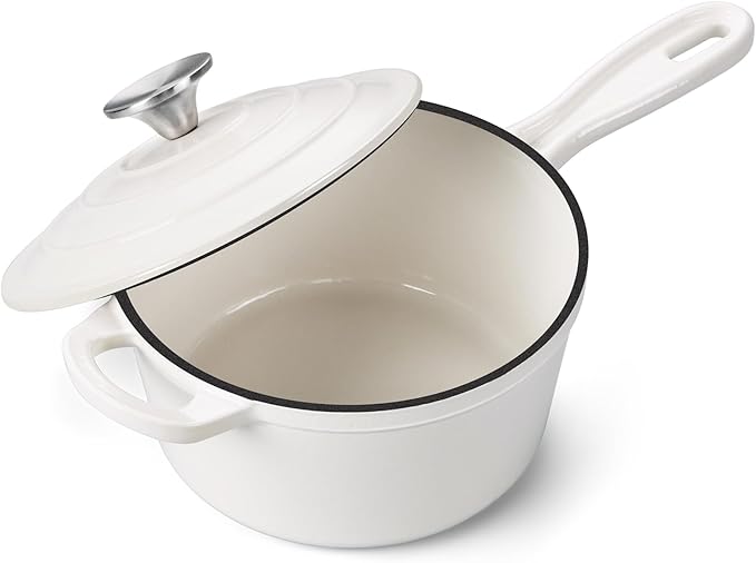 Onader 2 Quart Saucepan Dutch Oven, Enameled Cast Iron Sauce Pan Pot with Lid, Small Cooking Kitchen Pot, Nonstick & Oven Safe ??White