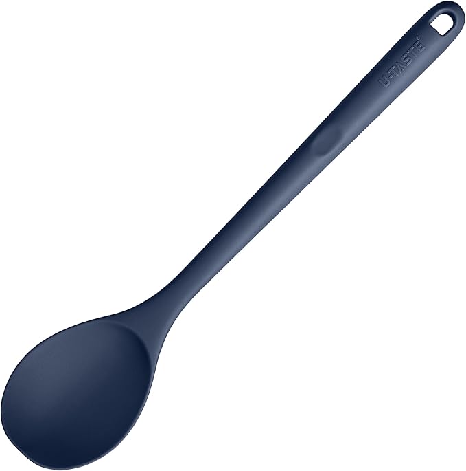 600쨘F Heat Resistant Silicone Spoon: U-Taste 13.3in Solid Kitchen Cooking Spoon, Nonstick Food Grade Large Soup Rubber Utensil for Mixing, Serving, Stirring, Basting, for Pot Cookware (Midnight Blue)