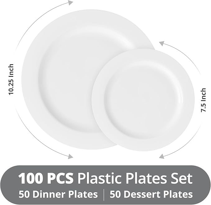 100 Pack White Plastic Plates Disposable, 10.25" & 7.5" Heavy Duty Shatterproof Plates for Large Party, Wedding, Catering (50 Large & 50 Small)