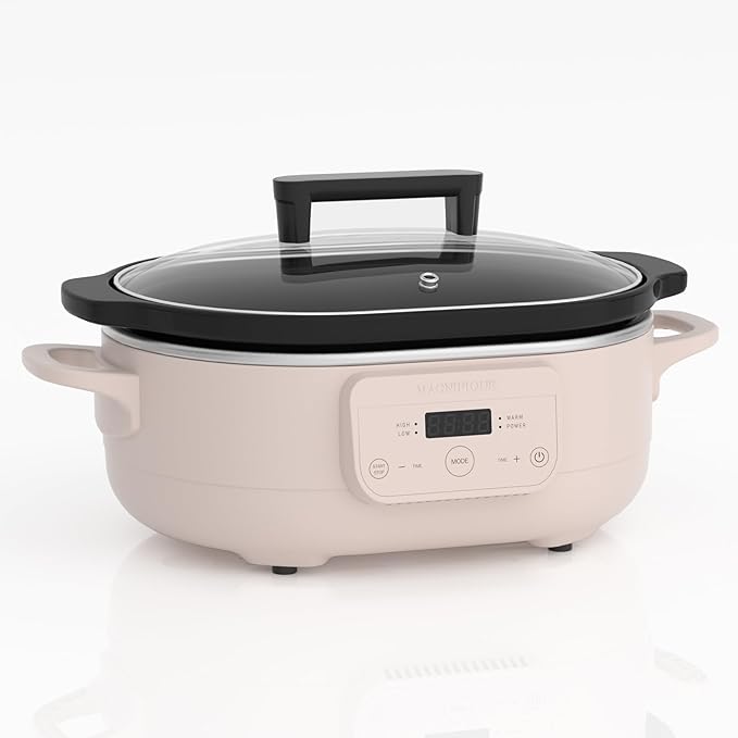 MAGNIFIQUE 6 Quart Programmable Slow Cooker Removable Healthy Nonstick Pot - Small Kitchen Appliance for Family Dinners, Pink