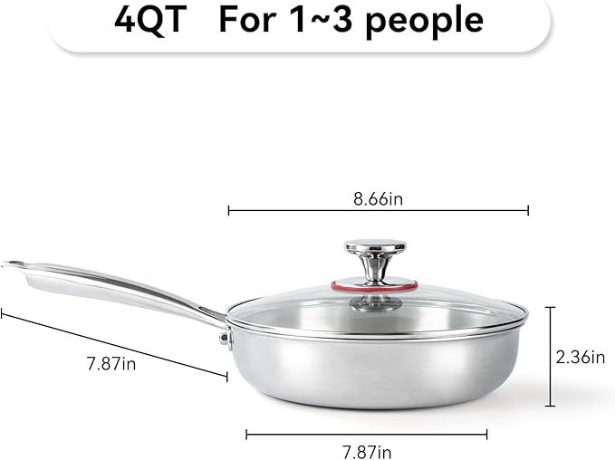 Professional Grade 316L Stainless Steel Frying Pan | 8 Inch Skillet with Glass Lid | Healthy PFOA/PFOA-Free & Dishwasher Safe | Induction & Gas Stove Compatible, Oven Safe to 500째F