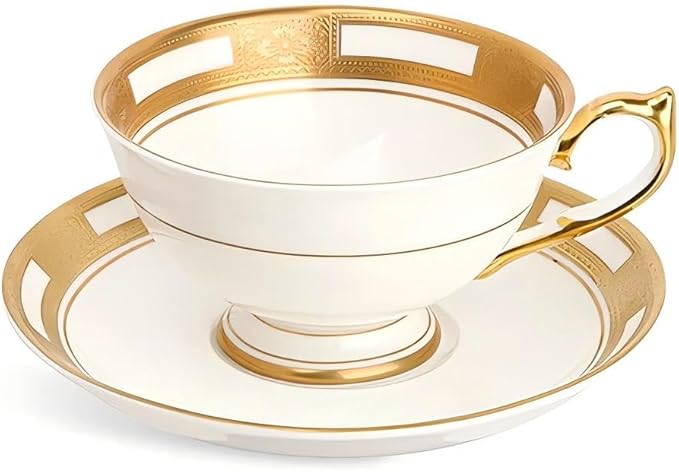 Aynsley Empress Athens 2-Piece Bone China Teacup with Saucer - 6oz Cup, 5.9-inch Saucer, 24K Gold Hand-Painted Relief Design - Elegant Luxury Gift Set
