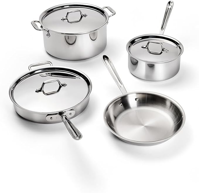 All-Clad D3 3-Ply Stainless Steel Cookware Set ??7-Piece Pots and Pans Set, Induction, Oven Broiler Safe 600F - Includes Frying Pans, Saucepans, Saut챕 Pan, Stockpot, Professional Cookware ??Silver