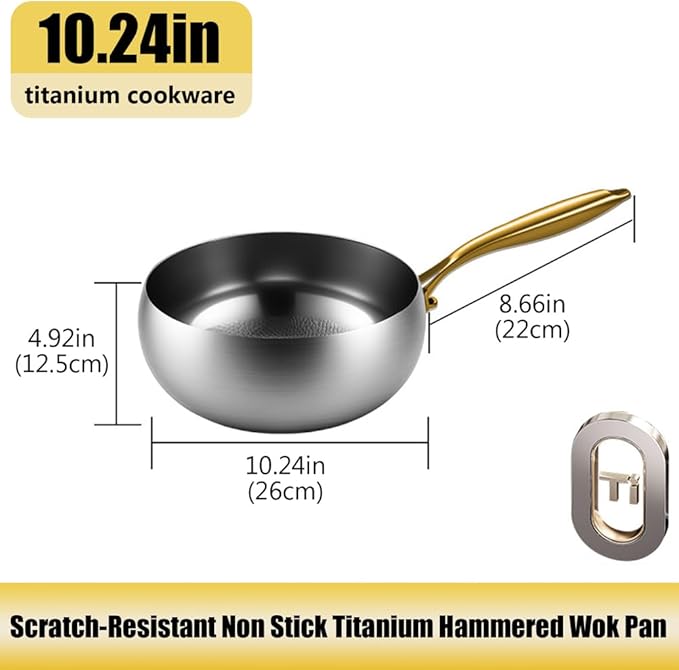 Titanium Hammered Pan with Lid, Thickened Multi-Layer Titanium Wok Pan, Scratch-Resistant Non Stick Stock Pot, Even Heating for Cooking,No lid,10.24IN