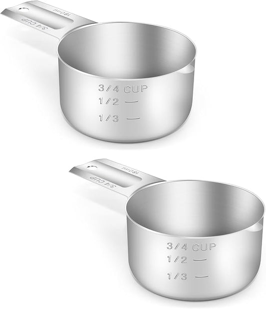 BERYLER 2PCS 3/4Cup (180ml, 6oz) Single Measuring Cup, Stainless Steel Measure Scoop, Metric and US Measurement, Dishwasher Safe