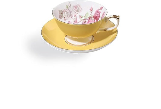 Aynsley Elizabeth Rose Fine Bone China Teacup and Saucer Set - 6.76oz Hand-Painted Gold-Trimmed Floral Vintage Set, Fancy Gift for Christmas/Wedding/New Year(Yellow)