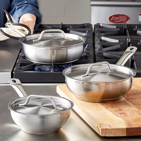 SS1 Series 3 Qt Stainless Steel Saucier Pan, Silver, Aluminum-Clad Bottom, NSF Listed, Induction Ready, with Welded Handle and Cover, 10 x 3.1 Inches