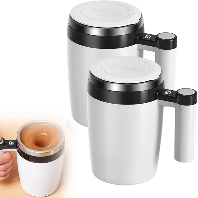 Electric Magnetic Stirring Coffee Mug, 2026 New Automatic Stirring Coffee Cup with Temperature Display, 12.85oz Self-Stirring Mug with Lid Suitable for Coffee, Milk, and Other Beverages (2PCS White)