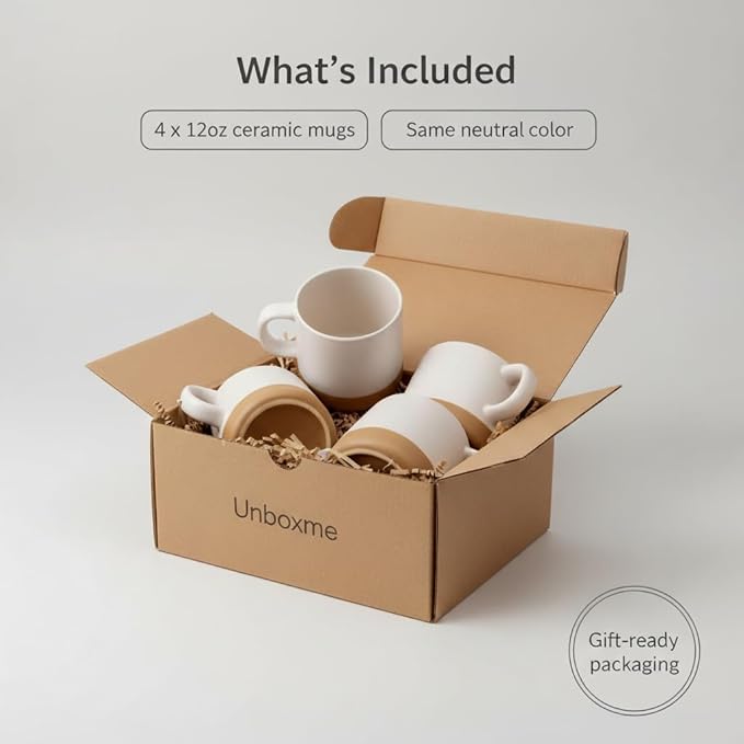Unboxme Givenne Ceramic Latte Coffee Mug Set, 12 oz (Set of 4) ??Microwave & Dishwasher Safe, Large Handles, Modern Boho Neutral Colors