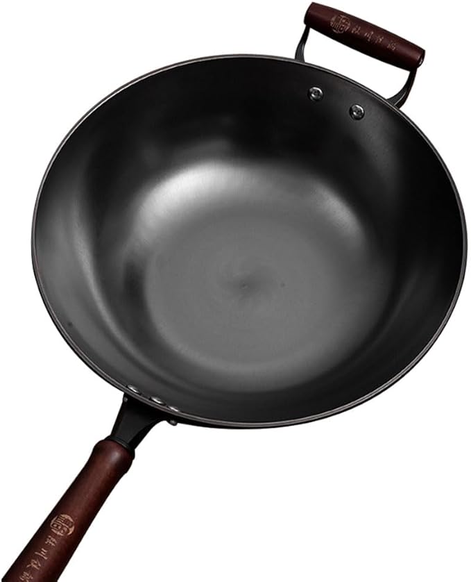 14inch Cast Iron Flat-bottom Wok, Traditional Chinese Cooking Pan, Saute Stir-Fry Cookware with Wooden Handle, Physical Non Stick, Use on Induction, Electric, Gas, Open Fire,BBQ,Grill &Camping