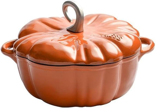 Pumpkin Enameled Cast Iron Dutch Oven with Lid - Pumpkin Shaped Soup Stew Pot, Halloween Thanksgiving Gift & Decor A