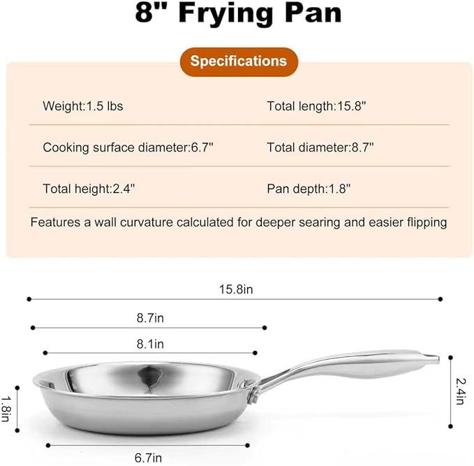 Stainless Steel Pan竊똍on-Toxic PFAS, PFOA & PTFE Free, Compatible With All Cooktops & Induction Safe, Oven Safe Pan for Searing & Saut챕ing, Long Lasting Cookware. (8 Inch)