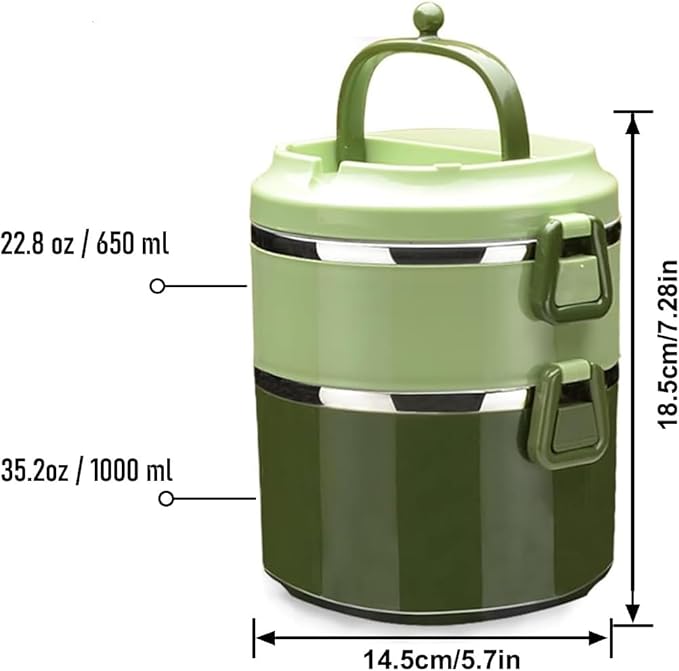 SANQIAHOME 2 Tier Stackable Stainless Steel Lunch Box Sealed(green, 2 layers) with spoon and fork