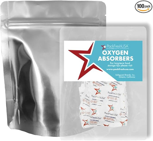 PackFreshUSA: 7 Mil - Pint Seal-Top Stand Up Mylar Bags - 100cc Oxygen Absorbers - Heat Seal - Long-Term Food Storage - 100 Pack