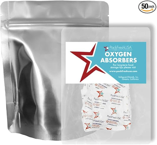 PackFreshUSA: 50 Pack - 7 Mil - Pint Seal-Top Stand Up Mylar Bags - 100cc Oxygen Absorbers - Heat Seal - Long-Term Food Storage
