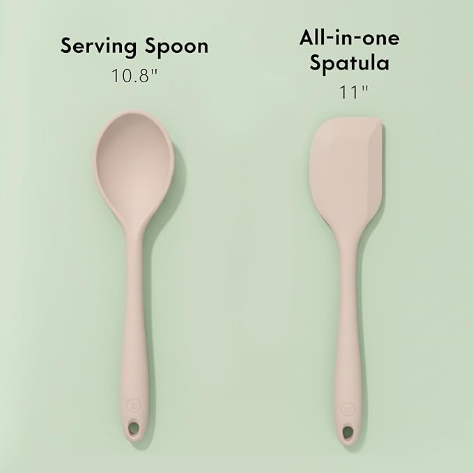 Non-Toxic Platinum Silicone Kitchen Utensil Set of 2 ??Non-Scratch Cooking Spoon & Spatula, 100% Plastic Free, Stainless Steel Core, Heat Resistant 500째F, Beige