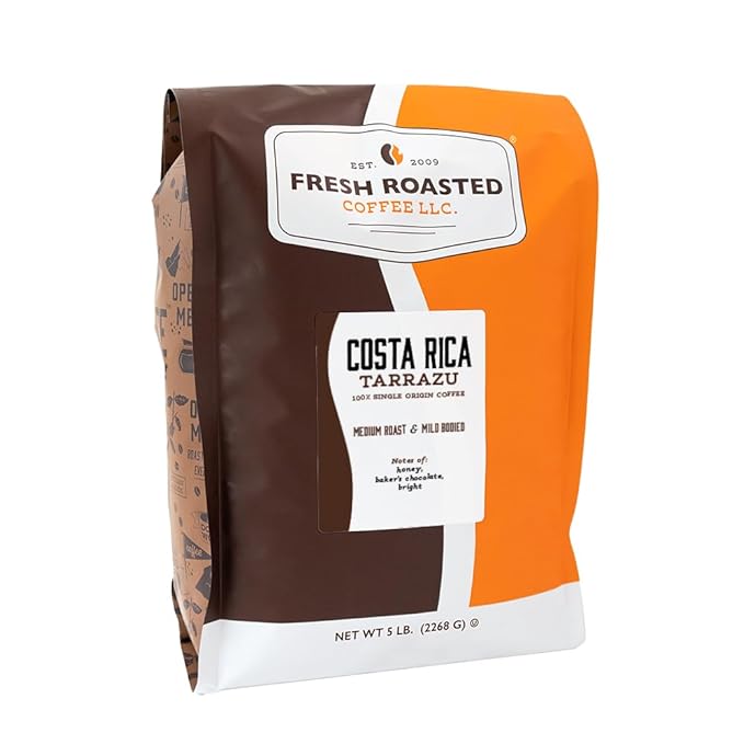 Fresh Roasted Coffee, 100% Costa Rican Tarrazu, 5 lb (80 oz), Medium Roast, Kosher, Whole Bean