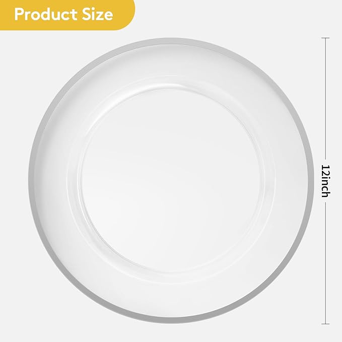 Goodluck 12 Inch Disposable Charger Plates Plastic, 100 Pack Plastic Clear Charger with Silver Rim for Dinner, Wedding, Party