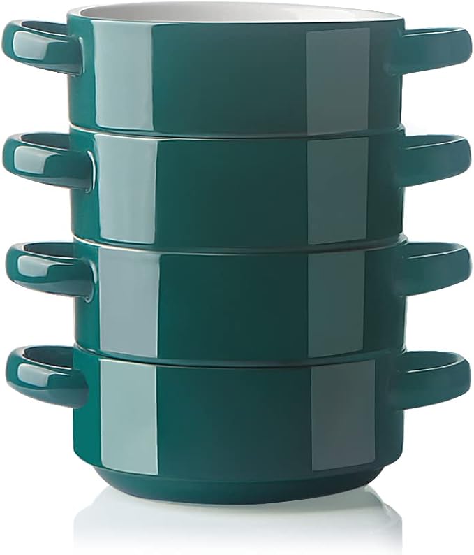 Sweejar Ceramic Soup Bowls with Double Handles, 20 Oz Stacked Bowls for French Onion Soup, Cereal, Pot Pies, Stew, Chill, Pasta, Set of 4 (Jade)