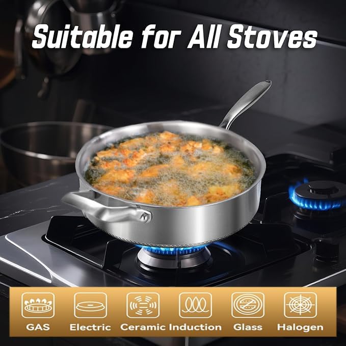 Tri-Ply Stainless Steel 8 Quarts Saut챕 Pan with Lid,13 Inch Induction Deep Frying Pan,Large Skillet, Dishwasher And Oven Safe,Detachable Handle