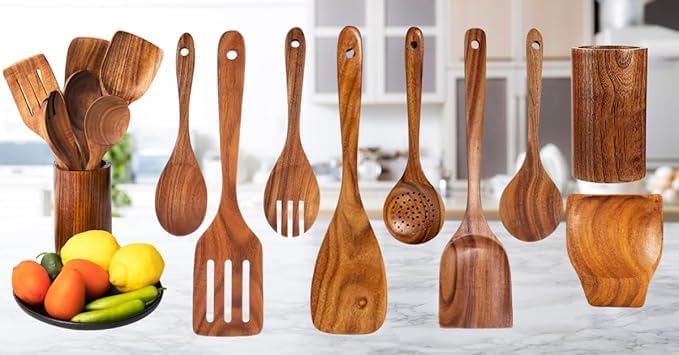 Wooden Spoons for Cooking -9pcs Kitchen Utensils Set with Utensil Holder & Spoon Rest -Teak Wood Spatula - Non Toxic Cooking Utensils -Heat Resistant Spatulas for Kitchen Use -NonStick Wooden Spatula