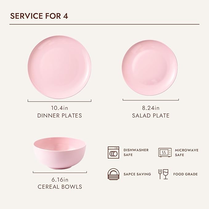 KINGSTONE Bone China Dinnerware Sets, 12-Piece Dinnerware Sets for 4, Lightweight Durable, Dishwasher Safe, Tableware for Daily Use with Elegant Design, Pink