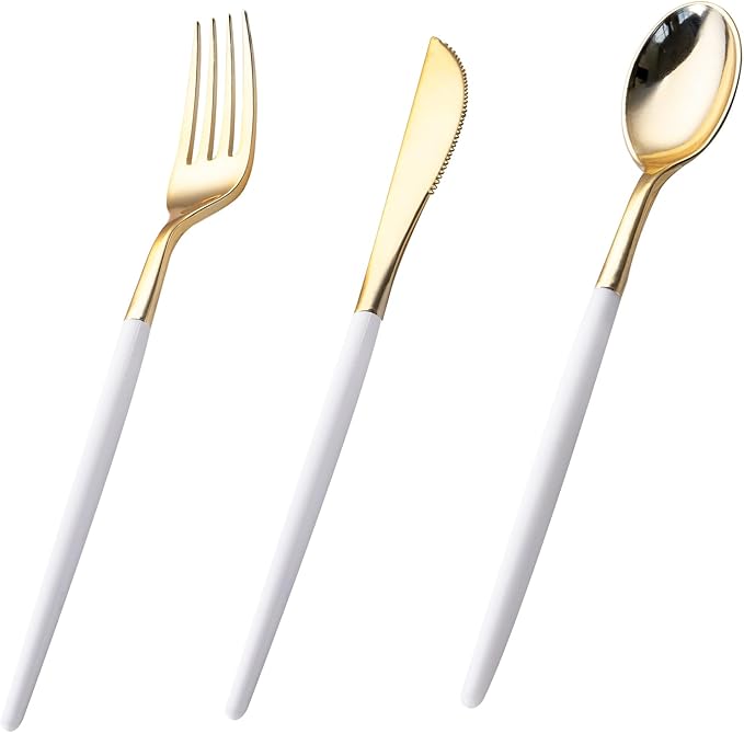 I00000 60 Pcs Gold Plastic Silverware - Heavy Duty Plastic Cutlery -Party Disposable Silverware Set竊똃isposable Cutlery Set Includes 20 Forks, 20 Knives, 20 Spoons Perfect for Wedding