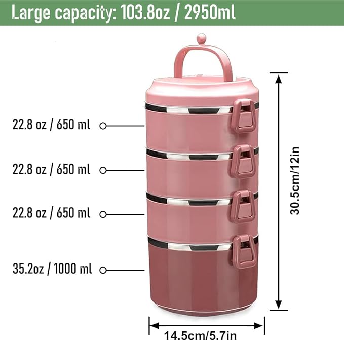 SANQIAHOME 4 Tier Stackable Stainless Steel Lunch Box Sealed(pink, 4 layers) with spoon and fork