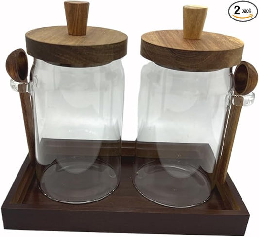 Glass Jars with Brown Wooden Lids and Scoop, Airtight Food Storage Containers with Tray for Sugar Coffee Bean Candy Spice (2, Brown, 25 oz)