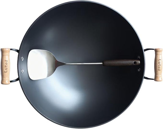 Chinese woks with a lid and a Spatula stir-fry pans deep fryer Cast Iron 16 Inches round bottom pot Uncoated for Open Fire not easy to rust not easy to stick and durable for about 1-8 people