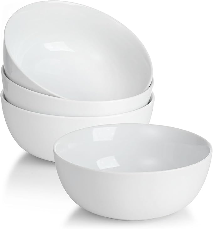Miicol White Cereal Bowls 20 oz, Ceramic Soup Bowls Set of 4, Breakfast Bowl 6 inch, Kitchen Bowl for Pasta, Salad, Ramen, Oatmeal, Microwave and Dishwasher Safe