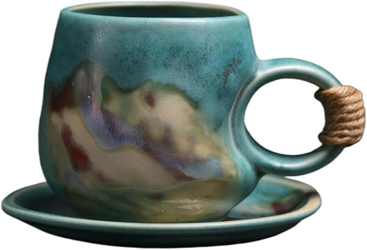 Small 8oz Unique Vintage Retro Japanese Handmade Ceramic Cappuccino Barista Cup with Saucer ??Artisanal Stoneware Coffee Mug, Lead-Free Latte Art Mug,Teal Green tea cup, Handcrafted Pottery tea mug