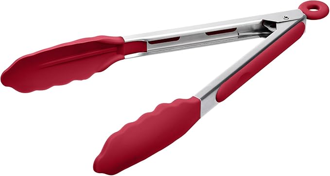 Doosu Kitchen Tongs for Cooking - 600째F Heat Resistant Food Tong with Non-Scratch Silicone Tips, Heavy Duty Stainless Steel Locking Tong for BBQ, Grilling Steak, Serving Salad, Pasta (9in, Red)