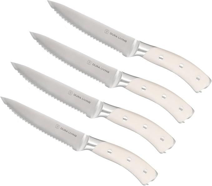 DURA LIVING 4-Piece Serrated Kitchen Steak Knife Set ??Forged High Carbon Stainless Steel, Ultra Sharp, Ergonomic Black Handles, Durable Dinner Knives, Cream Handle