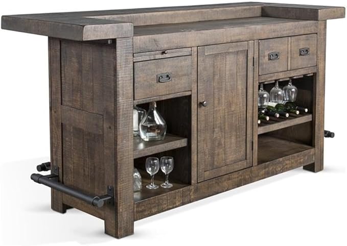 Home Bar and Storage Buffet Cabinet with Hutch in Tobacco Leaf 2 Piece Set