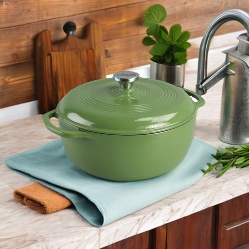 Lodge 6 Quart Enameled Cast Iron Dutch Oven with Lid ??Dual Handles ??Oven Safe up to 500째 F or on Stovetop - Use to Marinate, Cook, Bake, Refrigerate and Serve ??Spruce