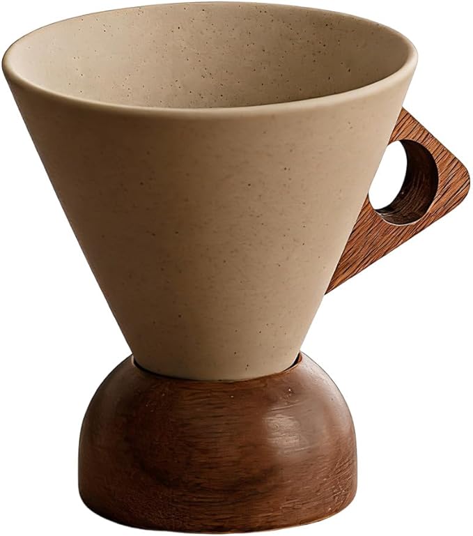 Vintage Coarse Pottery Coffee Mug with Wooden Handle and Saucer, 2026 New Ceramic Cup for Espresso Latte Tea, Wooden Handle Mug Set for Home & Office (Round base-250ml)