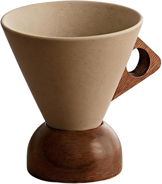 Vintage Coarse Pottery Coffee Mug with Wooden Handle and Saucer, 2026 New Ceramic Cup for Espresso Latte Tea, Wooden Handle Mug Set for Home & Office (Round base-180ml)