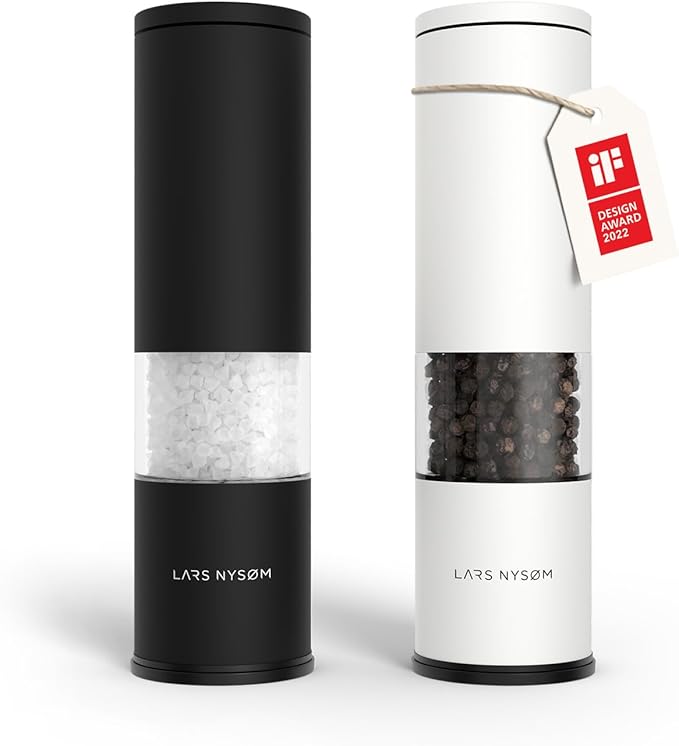 LARS NYS횠M Salt and Pepper Grinder Set Manual, Stainless Steel Salt and Pepper Mills with Adjustable Ceramic Grinder I Design Spice Shakers (Black/White)