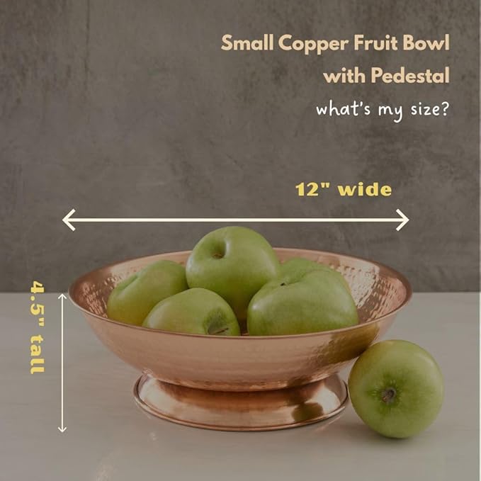 Copper Fruit Bowl for Kitchen Counter, Decorative Bowl, Table Centerpiece, Kitchen Storage, Home Decor, Copper Accessories, Pedestal Bowl (Small 12")
