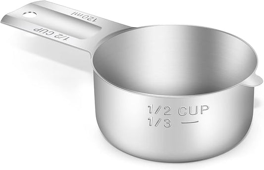 BERYLER 1PCS 1/2Cup (120ml, 4oz) Single Measuring Cup, Stainless Steel Measure Scoop, Metric and US Measurement, Dishwasher Safe