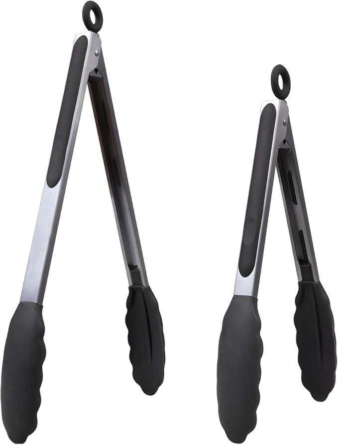 Kitchen Tongs for Cooking with Non-Stick Silicone Tips, 600째F Heat Resistant Silicone Cooking Food Tong Set Heavy Duty Stainless Steel Handle for Baking Grilling BBQ Salad Serving, 9" and 12"