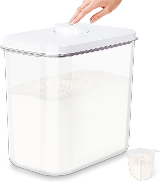 Airtight Rice Container 25 Lbs with Handle and Cup ??12.68Qt Large Flour Sugar Storage Container with Pop Up Seal & Hanging Lid Hooks, Clear Tall Food Storage Bin for Kitchen Pantry Organization