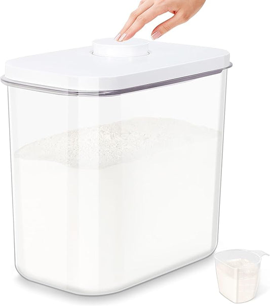 Airtight Rice Container 25 Lbs with Handle and Cup ??12.68Qt Large Flour Sugar Storage Container with Pop Up Seal & Hanging Lid Hooks, Clear Tall Food Storage Bin for Kitchen Pantry Organization